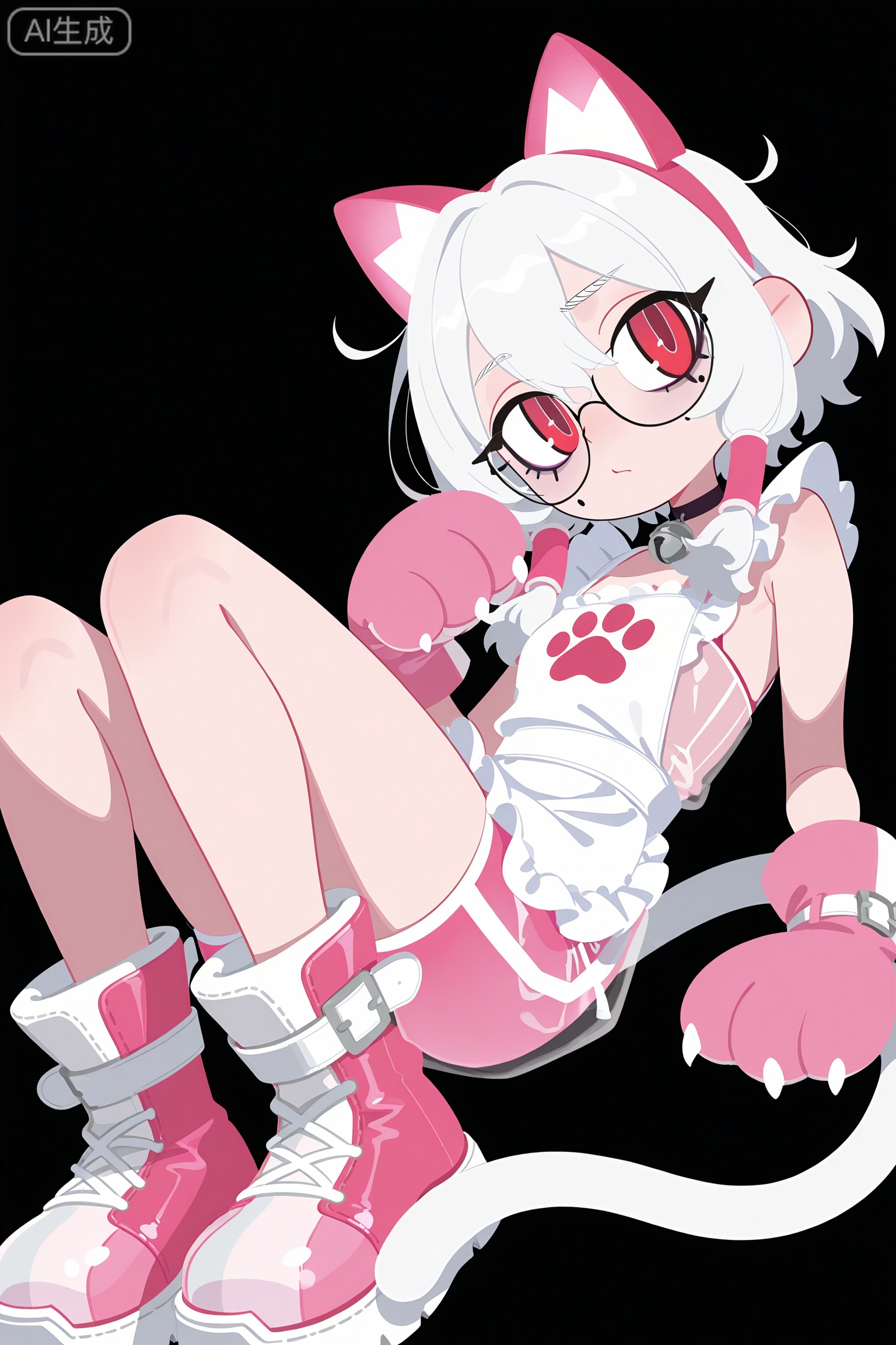1girl,
hairband fake cat ears,small dargon horns on head,
short white hair,messy hair,single hair tubes before ears,red eyes,
vertical pupils,glasses,mole under eyes,Cat claw gloves,4 finger gloves,
Cat doll clothing,apron,Strap cat paw boots,long tail,lying,pink theme,
//,1girl,solo,line art,very aesthetic,dynamic lines,(((simple background,dark background,sitting))),
//,Digital art,illustration,masterpiece,best quality,Delicate eyes,delicate face,newest,year 2024,year 2023,luxurious and gorgeous,transparent PVC clothing,transparent color vinyl clothing,flat_cartoon style