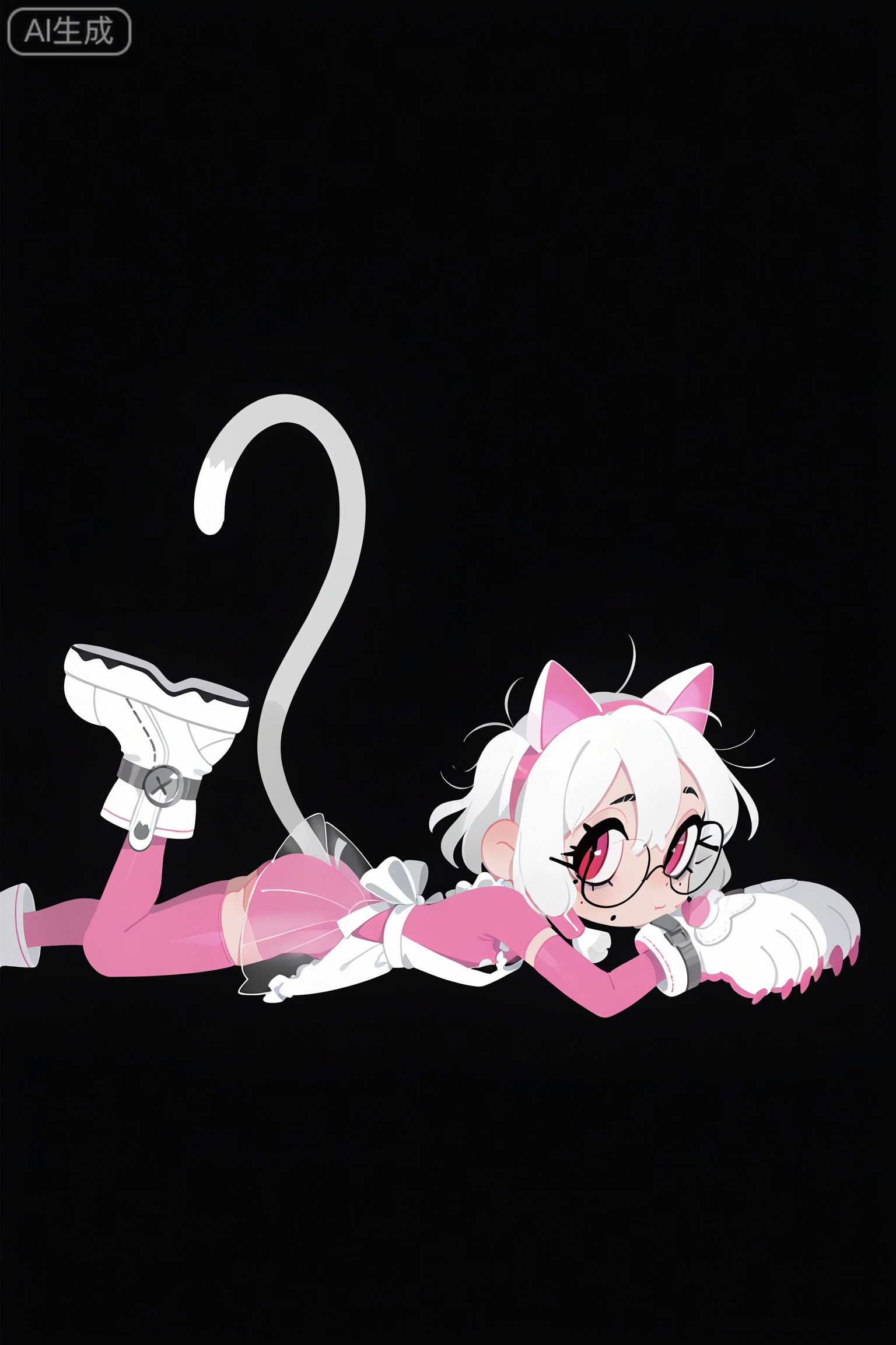 1girl,
hairband fake cat ears,small dargon horns on head,
short white hair,messy hair,single hair tubes before ears,red eyes,
vertical pupils,glasses,mole under eyes,Cat claw gloves,4 finger gloves,
Cat doll clothing,apron,Strap cat paw boots,long tail,lying,pink theme,
//,1girl,solo,line art,very aesthetic,dynamic lines,(((simple background,dark background,from side))),
//,Digital art,illustration,masterpiece,best quality,Delicate eyes,delicate face,newest,year 2024,year 2023,luxurious and gorgeous,transparent PVC clothing,transparent color vinyl clothing,flat_cartoon style