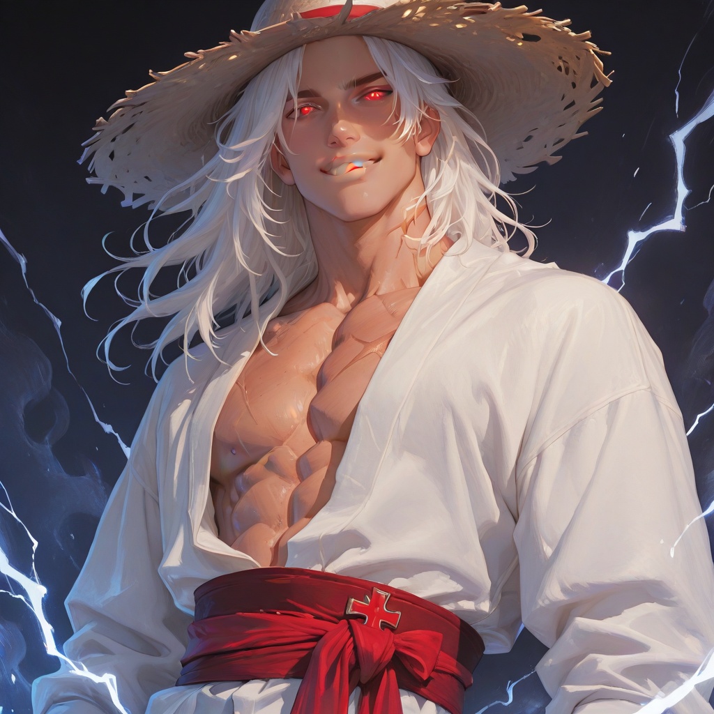 Anime-style illustration of a powerful male character with spiky white hair,  glowing red eyes,  and a wide on Tensor.Art
