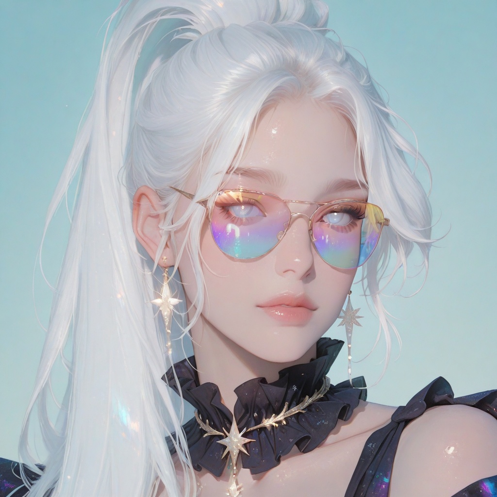 A woman with glowing,  ethereal white hair in a high ponytail,  loose strands softly framing her face. She wears round on...