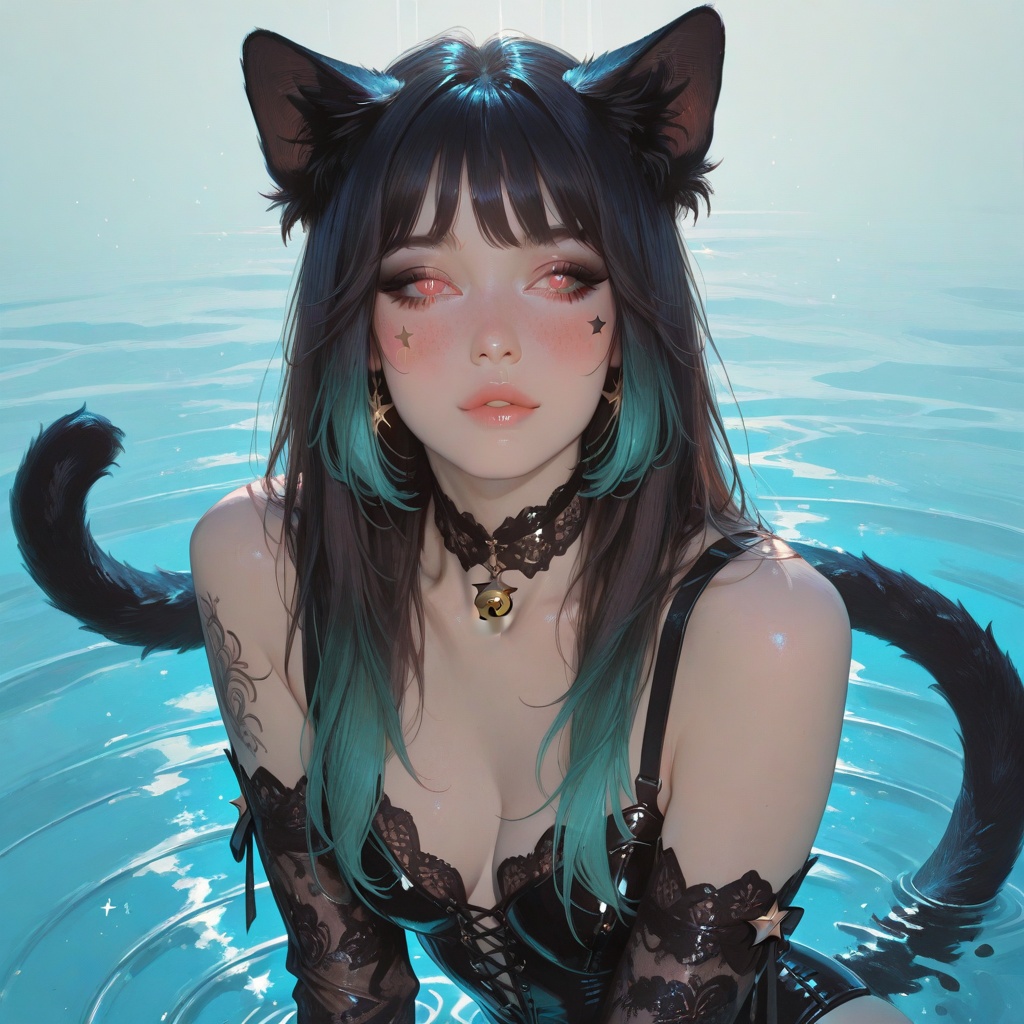 A captivating cat-girl with vibrant dark hair fading into glowing aqua tips,  fair skin with subtle blush,  and striking r...