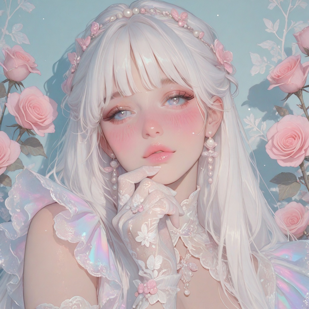 A doll-like woman with iridescent white hair and straight bangs,  large expressive blue eyes,  heavy pink blush on cheeks...