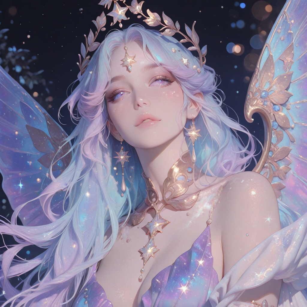 with pearlescent hair flowing like light,  embedded with pearls and diamonds,  glowing with iridescent radiance. Her eyes...