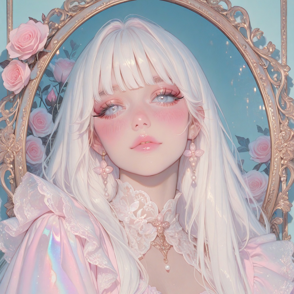 A high-detail digital illustration of a beautiful young woman with a doll-like aesthetic,  framed in a medium close-up. Sh...