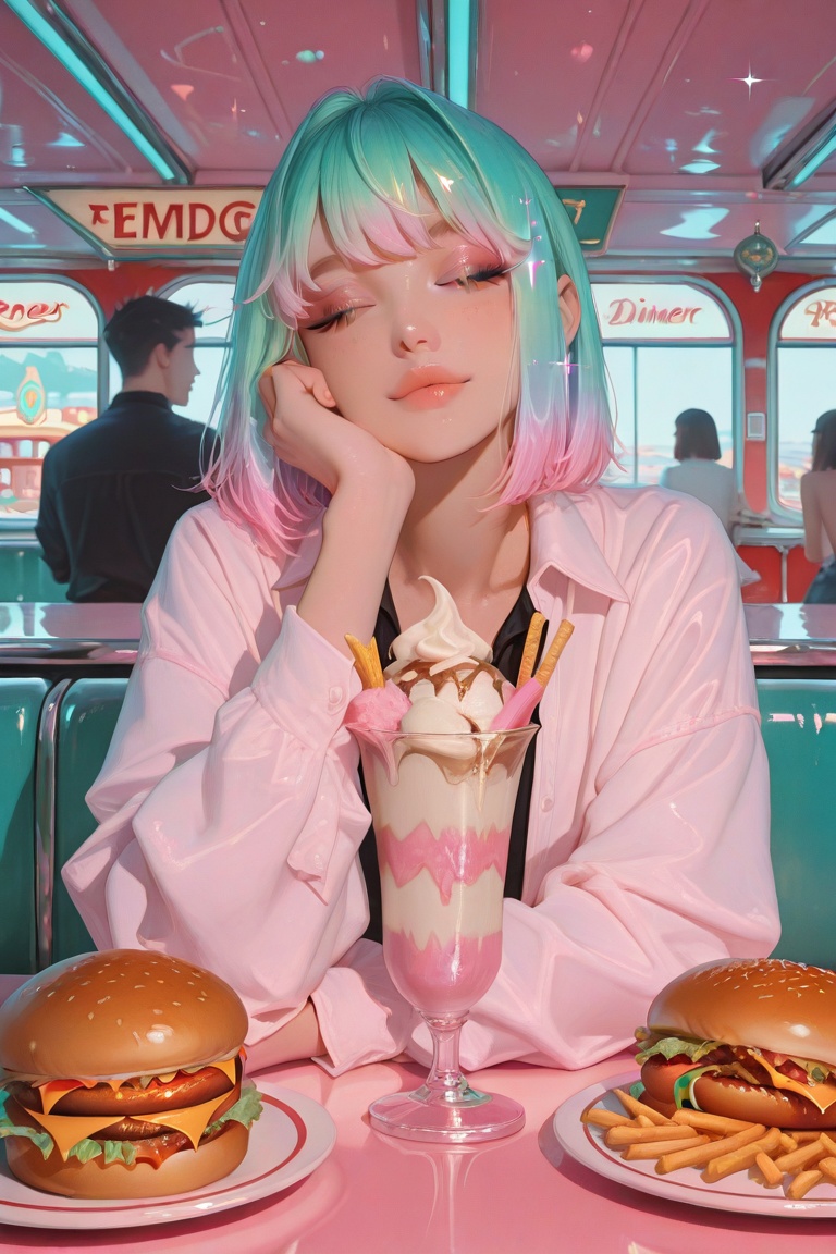 A ceramic and crystal glass art sculpture of a diner scene,  featuring a burger,  fries on Tensor.Art