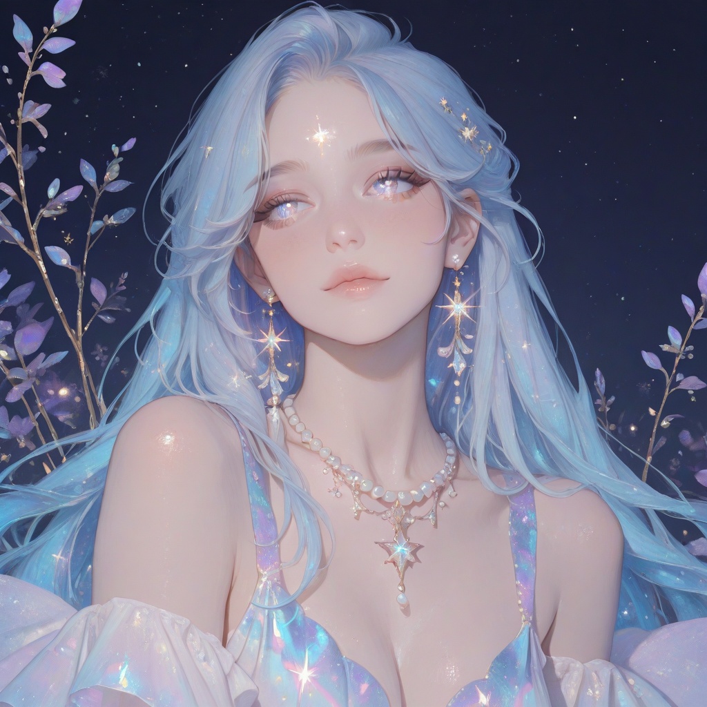 A high-quality digital painting of an ethereal anime girl with long,  flowing silver-blue hair infused with glowing stardu...