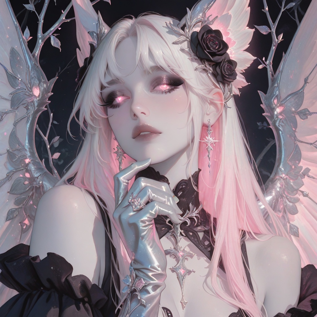 Close-up portrait of a mystical,  ethereal woman with pale skin and light-colored glowing eyes,  framed by dramatic winged...