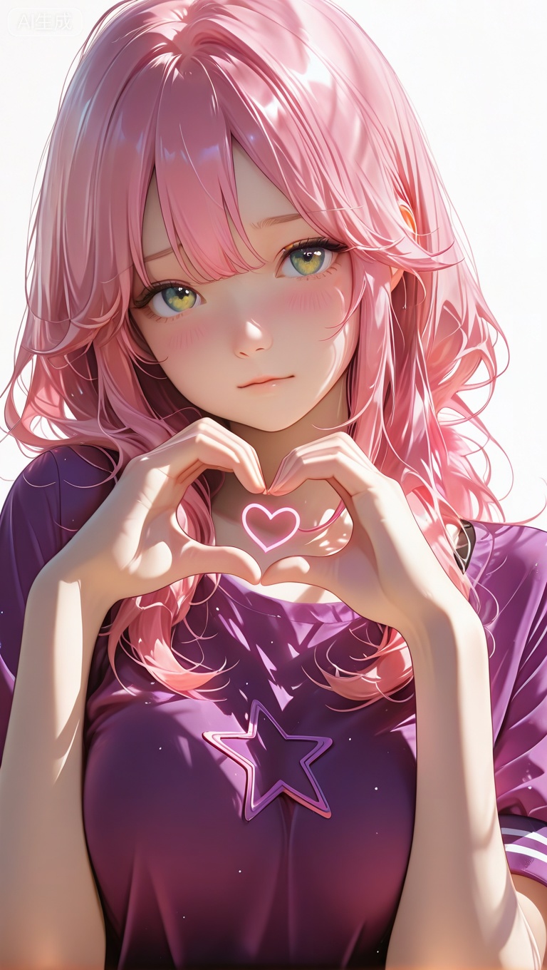 1girl, heart hands, solo, heart, green eyes, blush, white background, looking at viewer, star \(symbol\), simple background, pink hair, upper body, short sleeves, pink hair, shirt, long hair, purple shirt,

masterpiece,extremely detailed,best quality,very aesthetic


