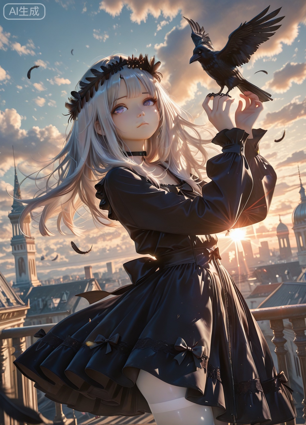 masterpiece,very aware,highres,absurdres,newest,best quality,petite,high quality,chromatic_aberration,cinematic_angle,dutch angle,photorealistic,//,artist:torino aqua,artist:rhasta,artist:wlop,artist:ke-ta,artist:hiten \(hitenkei\),//,1girl, solo, long hair, looking at viewer, bangs, blue eyes, hair ornament, long sleeves, dress, closed mouth, standing, purple eyes, white hair, grey hair, pantyhose, outdoors, sky, choker, cloud, black dress, hands up, black bow, floating hair, cloudy sky, feathers, building, white pantyhose, tower, crow, black feathers, falling feathers,//,official art,depth of field,detailed light,blurry background,cinematic lighting,ray tracing,ultra detailed,god rays,backlighting,photo background,film grain,chromatic aberration,volumetric lighting,depth of field,blurry background,shiny skin,floating hair,cinematic lighting,day,very aesthetic,cowboy shot,look up,head wreath