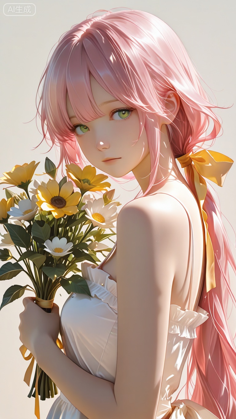 1girl, solo, long hair, looking at viewer, bangs, simple background, pink hair, dress, ribbon, holding, bare shoulders, green eyes, very long hair, closed mouth, pink hair, standing, hair ribbon, upper body, ponytail, flower, frills, sleeveless, white dress, from side, looking to the side, bare arms, sleeveless dress, leaf, white flower, low ponytail, yellow ribbon, bouquet, yellow flower, holding flower, spaghetti strap, sundress, holding bouquet,

masterpiece,extremely detailed,best quality,very aesthetic

