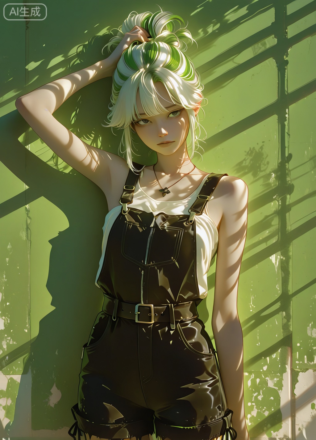 animen17 and black and white line drawing in anime style,Black and white line drawing style,blending anime and realistic art,with a minimalist background. The image captures a realistic and stylized representation of a subject,emphasizing subtle details and clear outlines. The artistic approach combines the fluidity of anime with the precision of realism,creating a balanced and dynamic visual composition.,
A young woman is depicted in a dynamic pose,standing against a textured green wall. She has her head tilted upwards,suggesting a moment of reflection or appreciation. Her dark,tousled hair adds to her casual and relaxed appearance. She is wearing a sleeveless top that reveals her midriff and distressed denim shorts,along with a simple necklace and a belt. The overall composition emphasizes her figure and the contrast between her dark clothing and the vibrant green wall.,
The woman is positioned in a relaxed posture,partially engaged with her surroundings. The background is a textured green wall that provides a vivid contrast to her dark and muted clothing,highlighting her figure. The lighting is natural,with sunlight casting subtle shadows. The perspective is from a medium angle,capturing both the details of her clothing and the textures of the wall. The color palette is monochromatic,with the green wall and her dark clothing creating a strong visual contrast.,
The image conveys a sense of youthful nonchalance and confidence. The composition is balanced,with the woman centered in the frame. The overall atmosphere is calm and introspective,suggesting a moment of reprieve. The style blends the fluidity of anime with the precision of realism,creating a dynamic and engaging visual.,