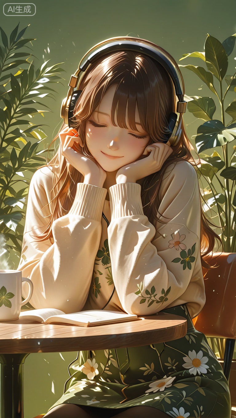 masterpiece, best quality, good quality, newest, highres, absurdres,1girl, solo, long hair, blush, smile, skirt, brown hair, long sleeves, holding, sitting, closed eyes, sweater, cup, headphones, floral print, table, plant, holding cup, facing viewer, hand on own face, green background, head rest, mug, listening to music, Flatline, Flat vector illustration,
klaus_style,      