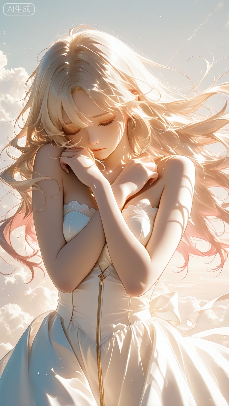 1girl, solo, alternate costume, breasts, dress, bare shoulders, closed eyes, hugging herself, arms crossed over chest, self-embrace, white dress, strapless, floating hair, strapless dress,anime aesthetic,

masterpiece,extremely detailed,best quality,very aesthetic