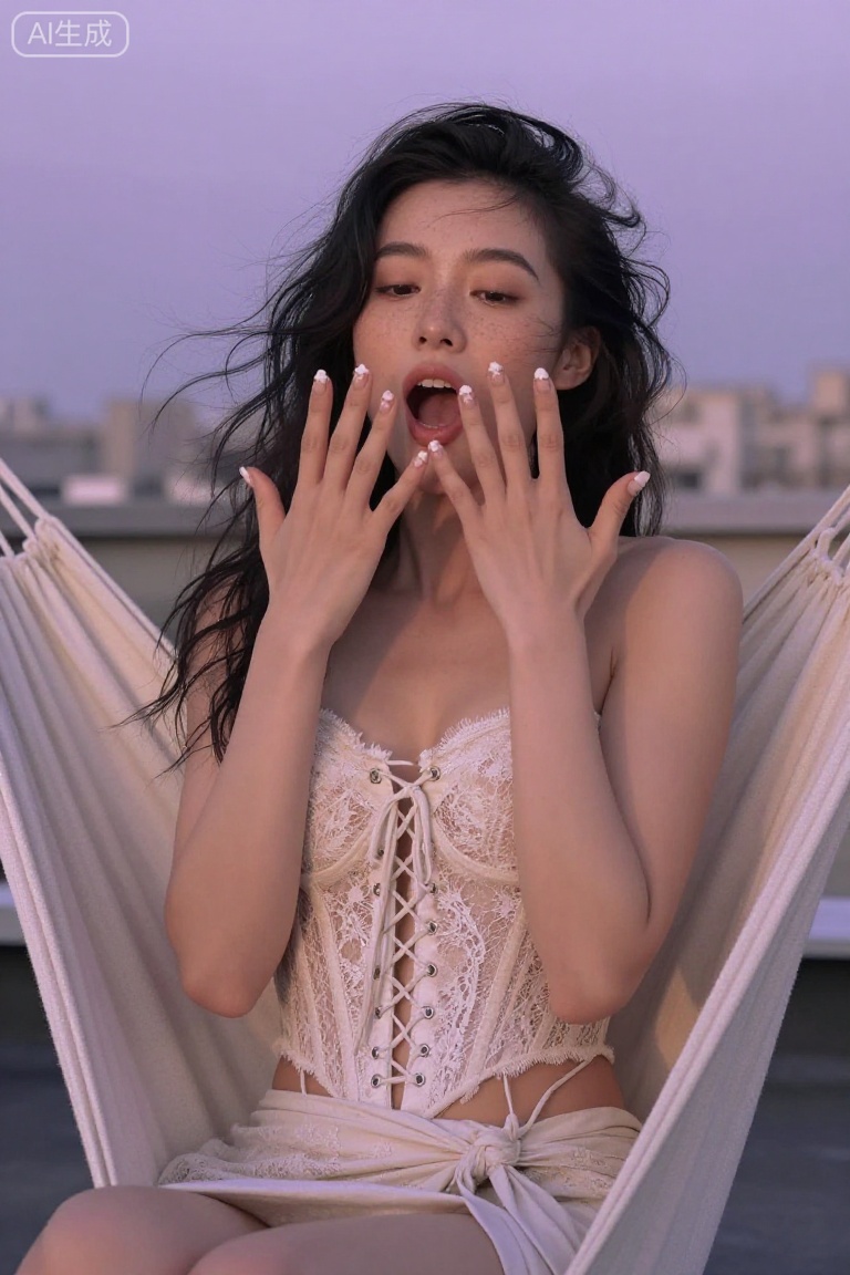 a dreamy Chinese woman with freckled fair skin and flowing black hair half-up, wearing lace-up corset and sarong cinching waist, rooftop hammock palms up fingers star-spread dream-catching toward lens lazily, content yawn smile, sunset purple bare back ethereal close-up, detailed corset laces, sarong knot, cloud shape nails.
