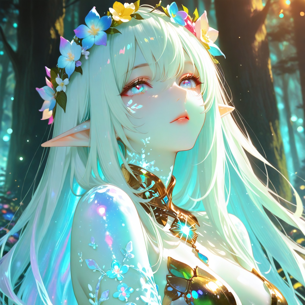 Close-up portrait of a beautiful elven woman with light blue eyes and glowing skin,  adorned with a wreath of colorful flo...