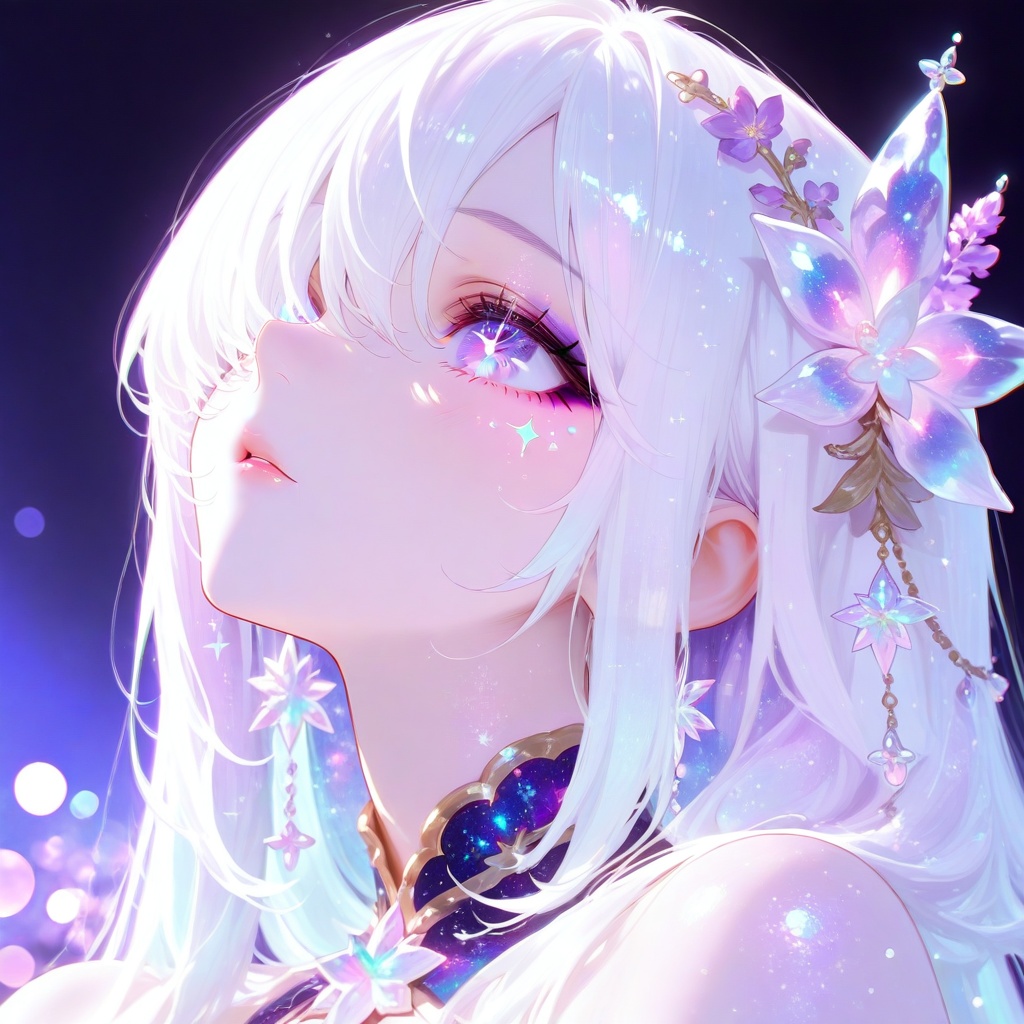 Close-up portrait of a breathtakingly beautiful anime girl with ethereal features,  long flowing shimmering white hair ado...