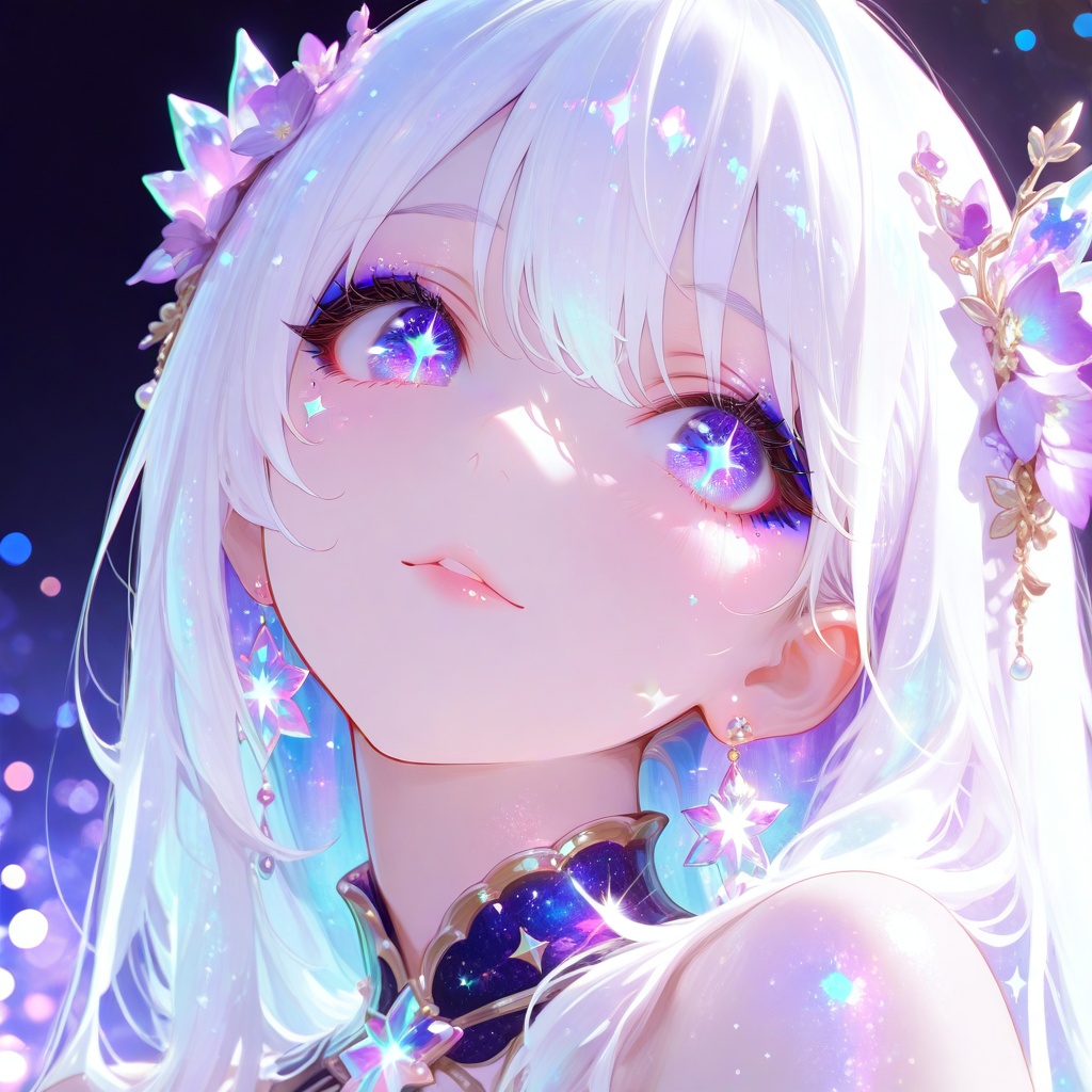 Close-up portrait of a breathtakingly beautiful anime girl with ethereal features,  long flowing shimmering white hair ado...