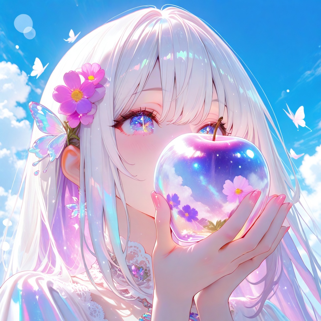 Close-up of a dreamy,  ethereal girl holding a crystal-clear apple reflecting a vibrant field of purple and pink cosmos fl...