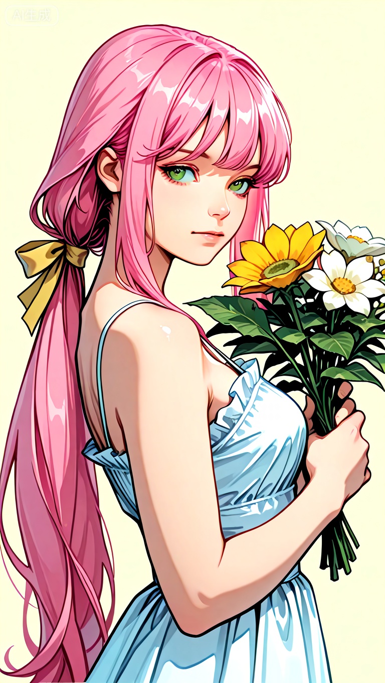 1girl, solo, long hair, looking at viewer, bangs, simple background, pink hair, dress, ribbon, holding, bare shoulders, green eyes, very long hair, closed mouth, pink hair, standing, hair ribbon, upper body, ponytail, flower, frills, sleeveless, white dress, from side, looking to the side, bare arms, sleeveless dress, leaf, white flower, low ponytail, yellow ribbon, bouquet, yellow flower, holding flower, spaghetti strap, sundress, holding bouquet,

masterpiece,extremely detailed,best quality,very aesthetic

