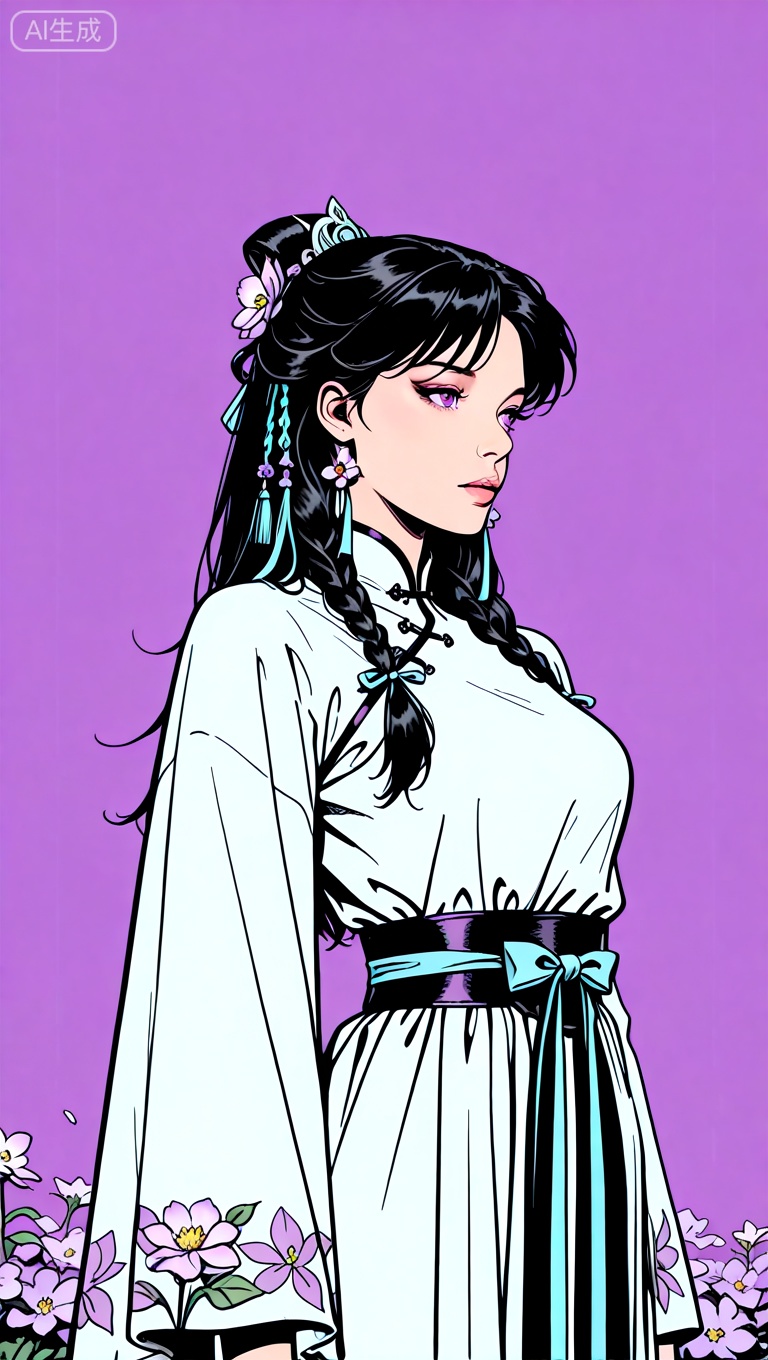 A tension shot, an impact picture, official art, movie perspective, masterpiece, facing the camera, best quality, very aesthetic, very delicate beauty, huge file size, amazing quality, 32K UHD,solo_focus, (1 girl, black hair, braids, upper body), anime, long hair,solo, gaze at the audience, Purple background, standing, above waist, Female focus, Long sleeves, Chinese clothing, wide sleeves, Hanfu, Belt, fringe, ribbon decoration, lonely, black hair, purple eyes, long hair, hair accessories, eye hair accessories, white clothing.
Simple background, depth of field, sunlight, Reflection, superb detail, intricate detail, Soothing tones, High contrast, natural skin texture, soft light, sharp Ultra High resolution, 32K UHD,((medium_shot)), upper body,(gongbihua:1.3), Representative, High quality, (a painting style of Gongbi flower: 1.1), Chinese dress, solo, facing the audience, looking at the audience, Lilac flower.