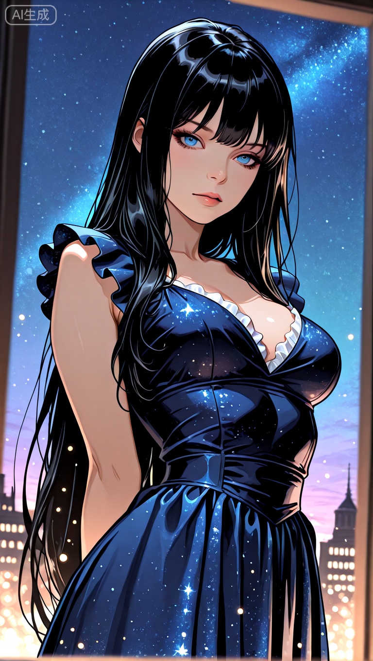 ((score_9_up, score_8_up, score_7_up, absurdres, masterpiece, best quality, amazing quality)), 1person, beautiful, cute,//1girl, solo, very long hair, breasts, blue eyes, starry sky chiffon dress, upper body, black hair, looking at viewer, standing, arms behind back, Rich Girl, modern times, masterpiece, best quality, very aesthetic, absurdres, blurry background, light particles, blurry foreground, dutch angle, light particles, attractive image