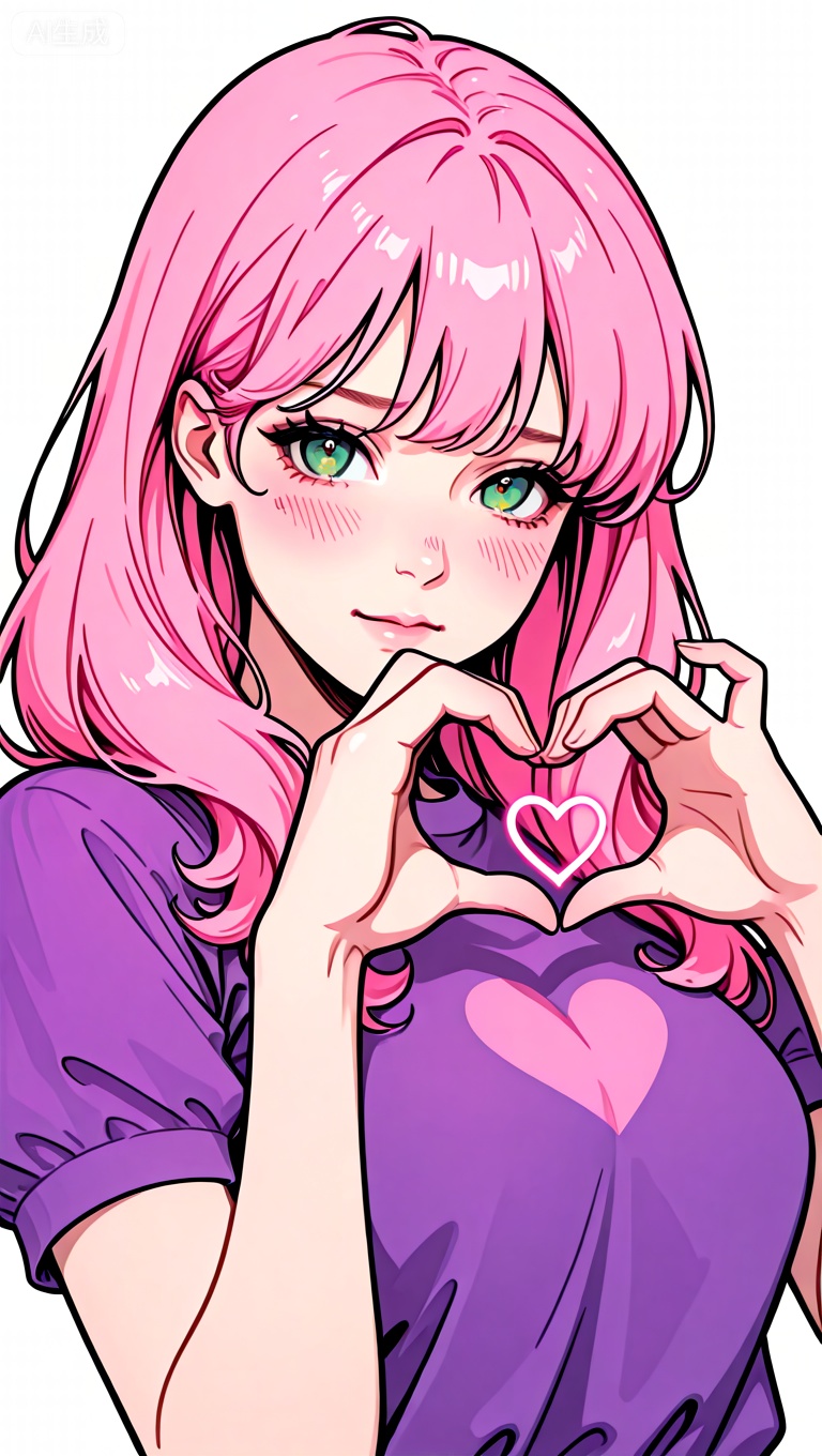 1girl, heart hands, solo, heart, green eyes, blush, white background, looking at viewer, star \(symbol\), simple background, pink hair, upper body, short sleeves, pink hair, shirt, long hair, purple shirt,

masterpiece,extremely detailed,best quality,very aesthetic


