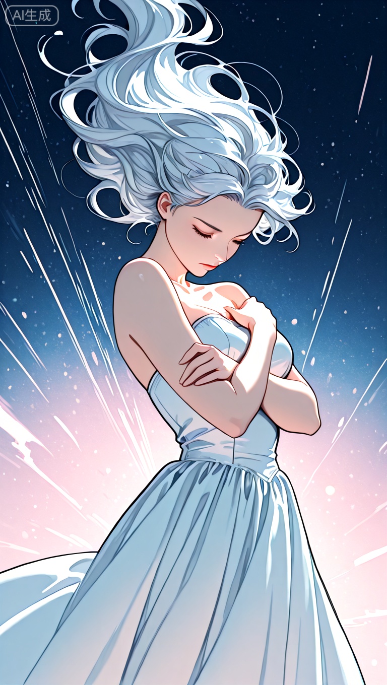 1girl, solo, alternate costume, breasts, dress, bare shoulders, closed eyes, hugging herself, arms crossed over chest, self-embrace, white dress, strapless, floating hair, strapless dress,anime aesthetic,

masterpiece,extremely detailed,best quality,very aesthetic