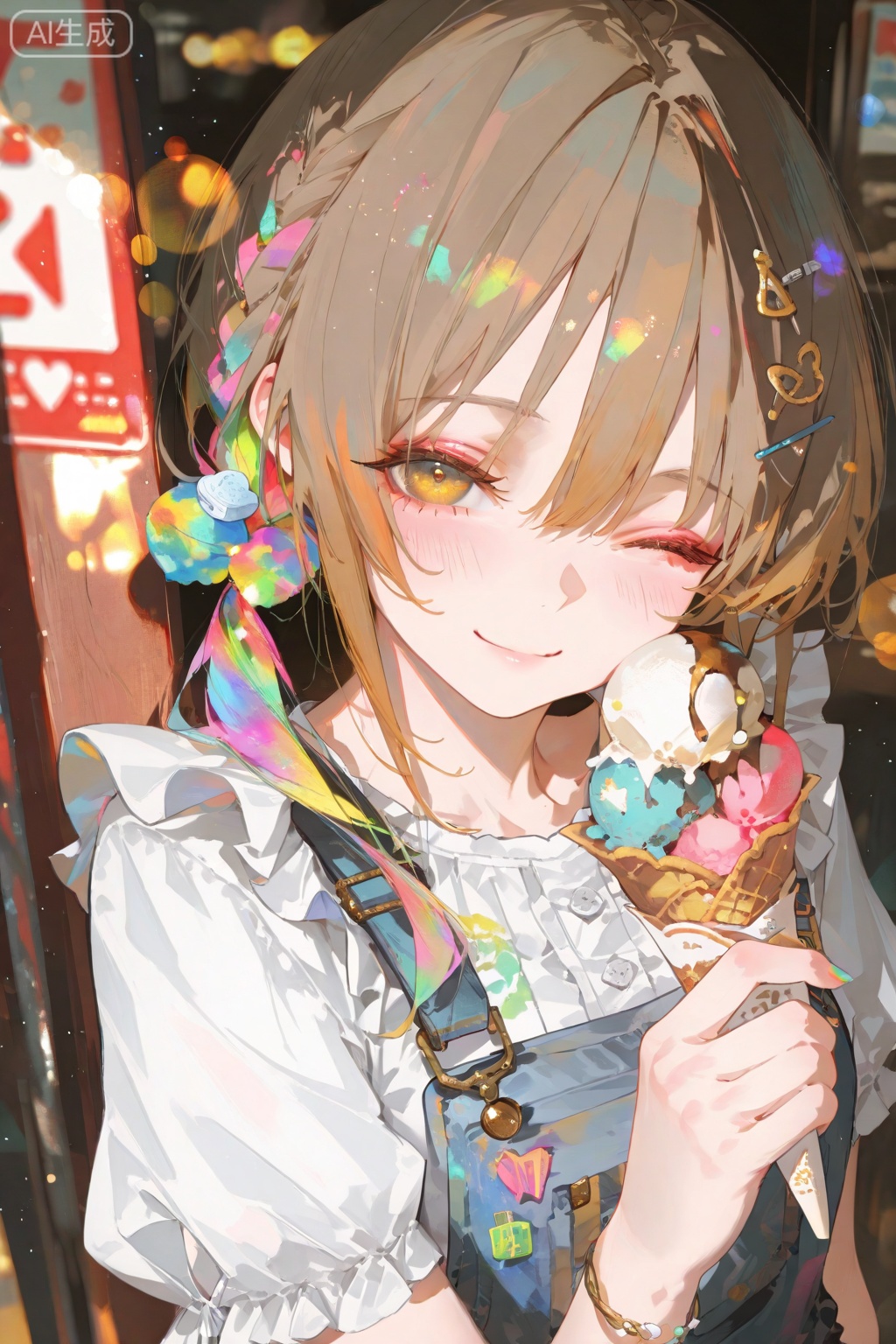 1girl, solo, looking at viewer, blush, smile, bangs, brown hair, shirt, hair ornament, holding, twintails, upper body, braid, short sleeves, frills, one eye closed, food, hairclip, nail polish, bracelet, holding food, ice cream, food-themed hair ornament, overalls, ice cream cone ,depth of field,cinematic lighting,light particles,lens flare, extreme aesthetic,masterpiece,best quality,good quality,newest,very aesthetic,absurdres,A shot with tension, 32K UHD,sharp focus,best-quality,masterpiece,Emotionalization,temperate atmosphere,with a high-end texture,(Tyndall Effect 1.4),(wlop:0.6),year 2024:0.8),[[artist:rhasta]],colorful,best quality,very aesthetic,absurdres,32K UHD,sharp focus,best-quality,Emotionalization,temperate atmosphere,with a high-end texture,in the style of fashion photography,Dynamic,dynamic force picture,(Visual impact:1.2),impactful picture,offcial art,colorful,movie perspective, masterpiece,skin details,cyzf,