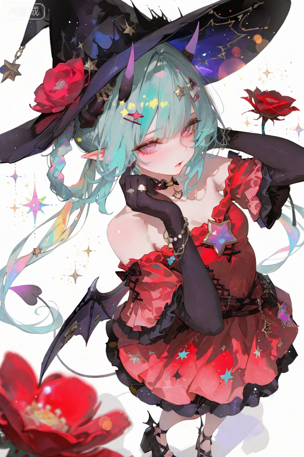 1girl, solo, long hair, looking at viewer, bangs, hair ornament, jewelry, purple eyes, braid, twintails,multicolored hair, choker, hairclip, pink eyes, off shoulder, star \(symbol\), nail polish, bracelet, aqua hair, ring, hair rings, star hair ornament, off-shoulder shirt,open mouth, bangs, simple background, hair ornament, gloves, hat, white background, dress, bow, bare shoulders, standing, tail, full body, flower, small breasts, wings, horns, choker, pointy ears, black gloves, elbow gloves, black footwear, hands up, black headwear, strapless, witch hat, watermark, red dress, bat wings, red flower, demon wings, platform footwear , ,depth of field,cinematic lighting,light particles,lens flare, extreme aesthetic,masterpiece,best quality,good quality,newest,very aesthetic,absurdres,A shot with tension, 32K UHD,sharp focus,best-quality,masterpiece,Emotionalization,temperate atmosphere,with a high-end texture,(Tyndall Effect 1.4),(wlop:0.6),year 2024:0.8),[[artist:rhasta]],colorful,best quality,very aesthetic,absurdres,32K UHD,sharp focus,best-quality,Emotionalization,temperate atmosphere,with a high-end texture,in the style of fashion photography,Dynamic,dynamic force picture,(Visual impact:1.2),The Ninth Art,impactful picture,offcial art,colorful,movie perspective, masterpiece,skin details,cyzf