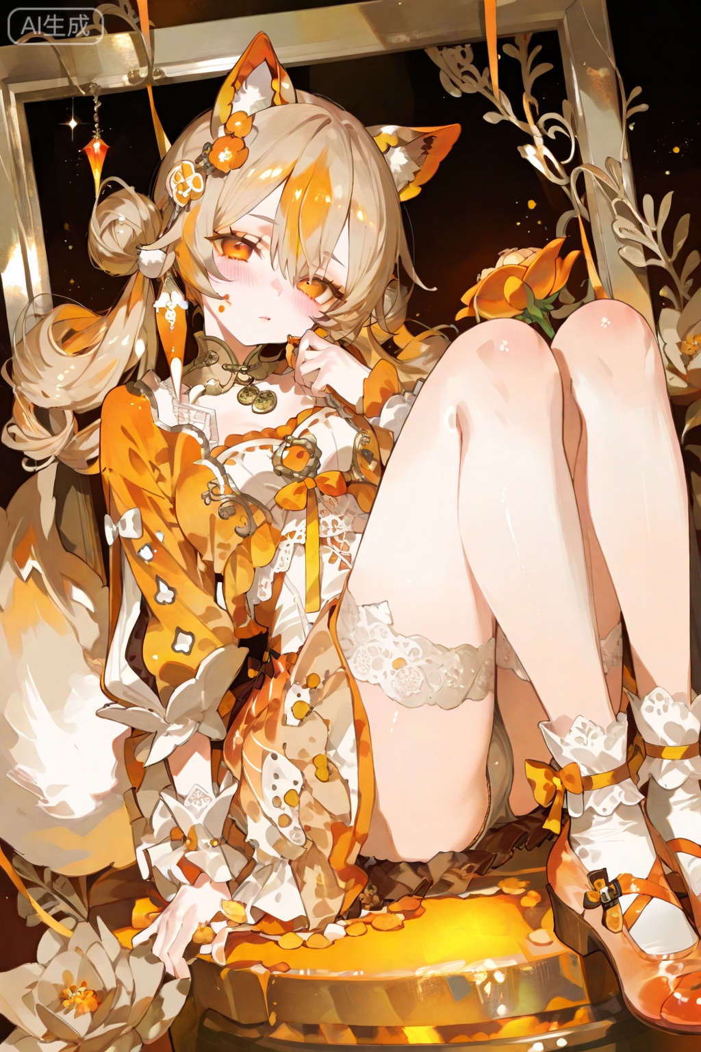 Girl is a cute posture of slightly tilting her head and lightly fitting the hem of the skirt with one hand. Her hair is wa...