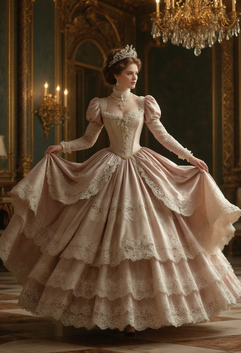RegaliaBallgown,  Victorian queen twirling in a grand ballroom,  voluminous ballgown in motion on Tensor.Art