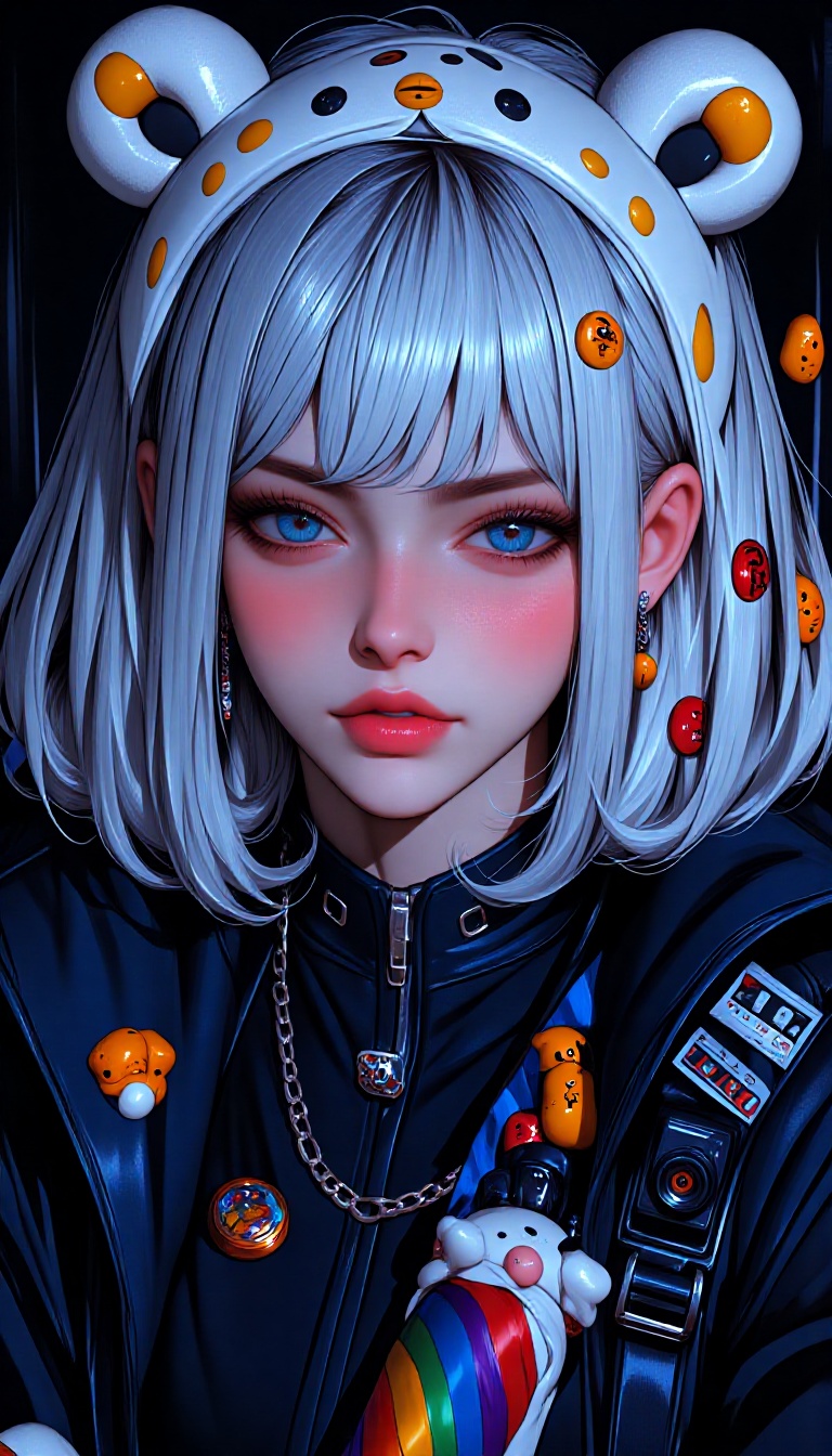 The image depicts a vibrant and colorful anime-style character with striking blue eyes. The character's hair is adorned wi...