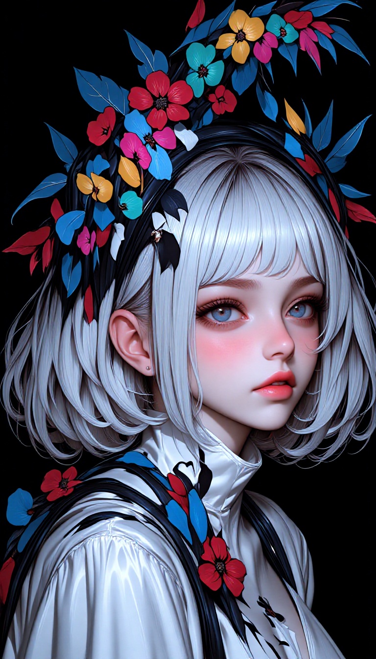 The image features a stylized illustration of a young girl with short,  curly white hair. She has large,  expressive blue...