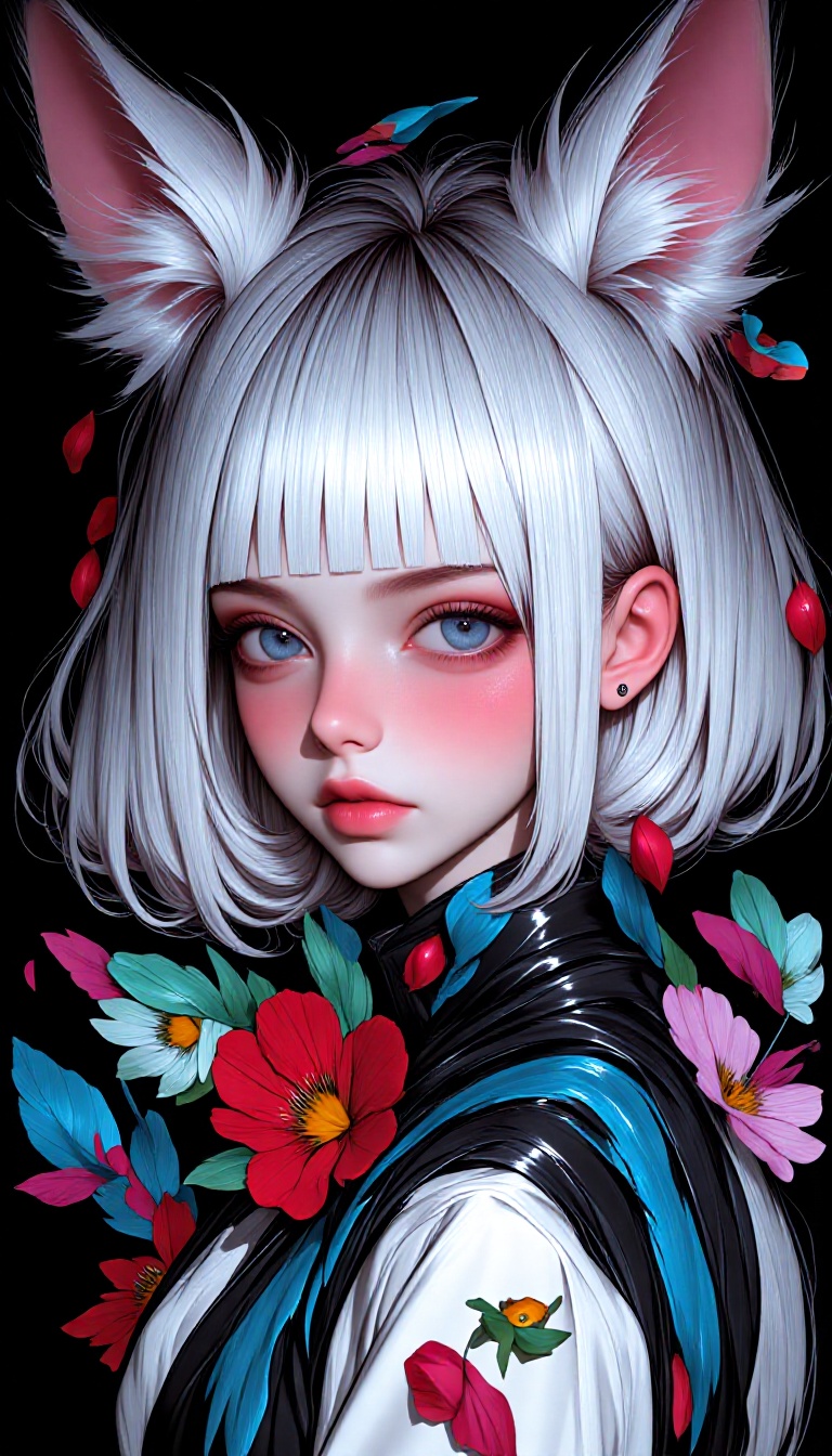 The image features a stylized illustration of a young girl with short,  curly white hair. She has large,  expressive blue...