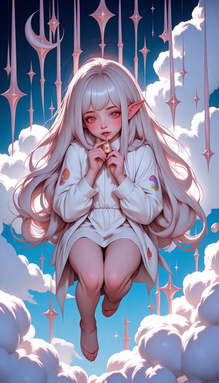 A kawaii amnesiac demigod girl floats weightlessly in a pastel cloudscape,  her long hair swirling around her. She clutche...