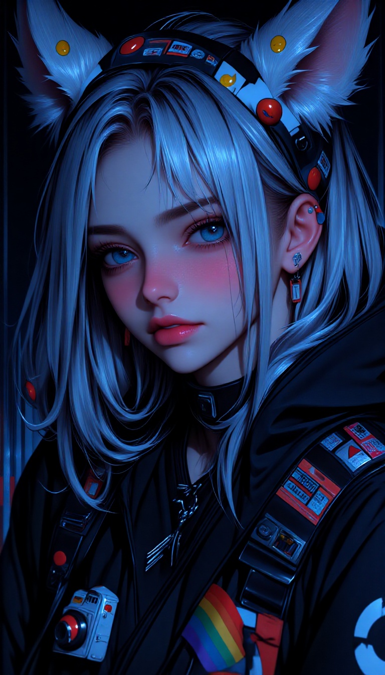 The image depicts a vibrant and colorful anime-style character with striking blue eyes. The character's hair is adorned wi...