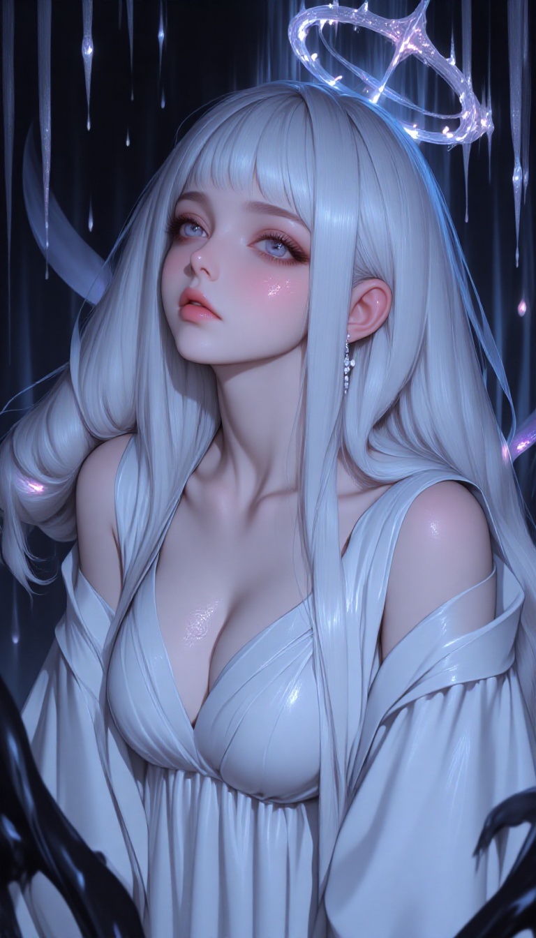 A kawaii girl with soft pastel hair,  sparkling eyes,  and an ethereal aura stands in a misty on Tensor.Art