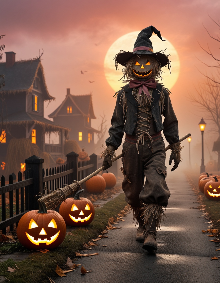 ehdr,  Stylized illustration of a scary straw-made scarecrow with a jack-o'-lantern head seen walking on the street of a m...