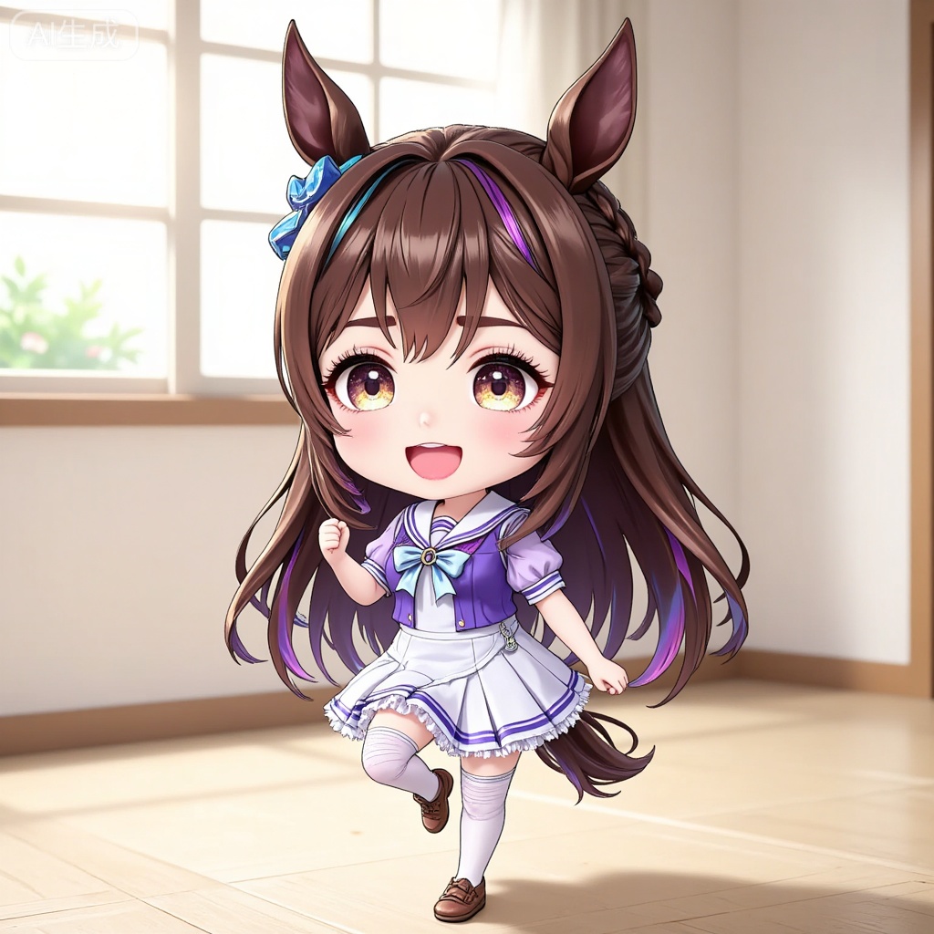 1girl, solo, long hair, blush, smile, open mouth, bangs, skirt, brown hair, shirt, thighhighs, bow, animal ears, hair between eyes, brown eyes, very long hair, school uniform, standing, tail, full body, braid, short sleeves, :d, multicolored hair, pleated skirt, frills, shoes, serafuku, socks, puffy sleeves, indoors, miniskirt, bowtie, sailor collar, chibi, white thighhighs, puffy short sleeves, v-shaped eyebrows, kneehighs, :3, brown footwear, standing on one leg, white skirt, horse ears, frilled skirt, blue shirt, white socks, horse girl, horse tail, half updo, purple shirt, sailor shirt, tracen school uniform, summer uniform, ear ornament, horseshoe ornament, satono diamond \(umamusume\)