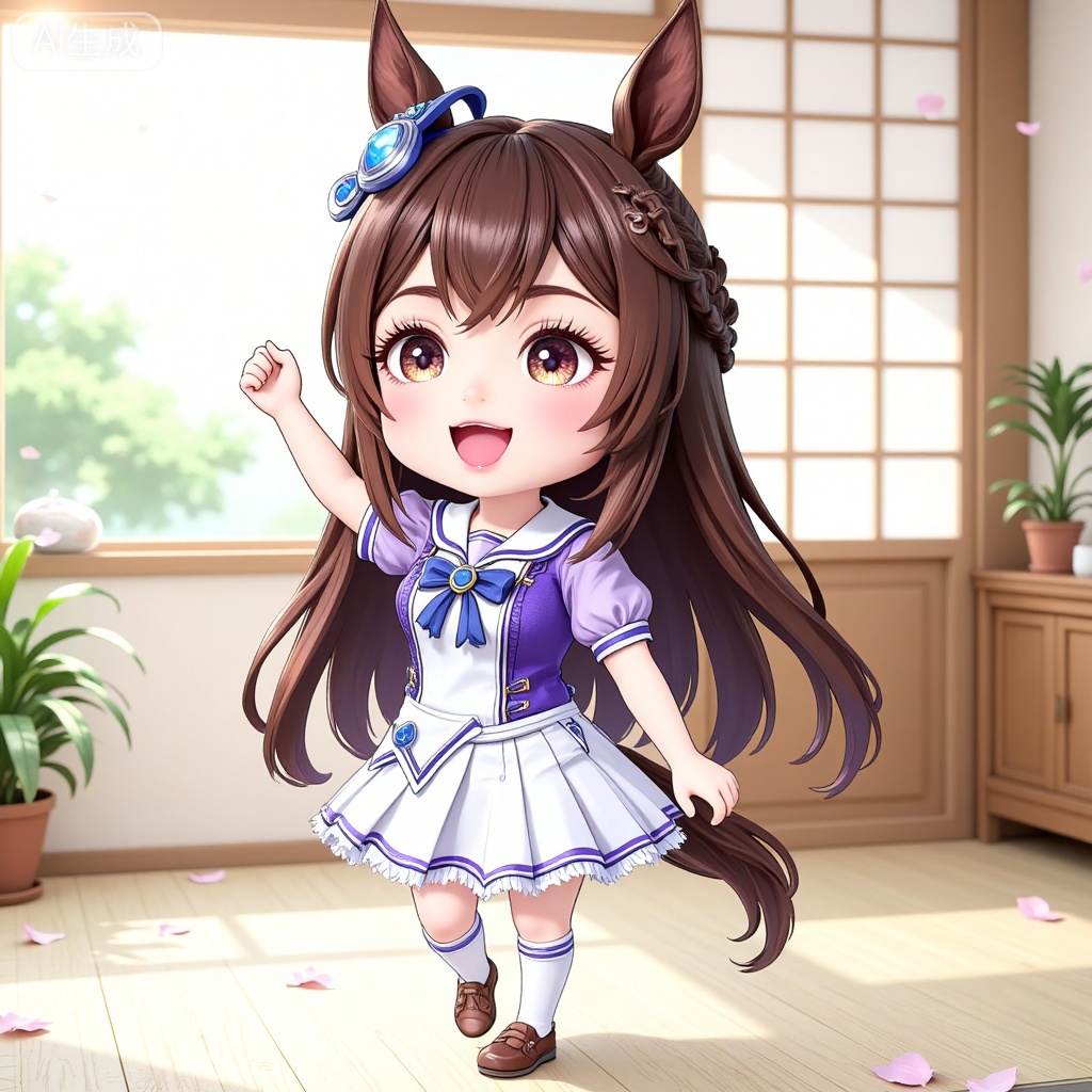 1girl, solo, long hair, blush, smile, open mouth, bangs, skirt, brown hair, shirt, thighhighs, bow, animal ears, hair between eyes, brown eyes, very long hair, school uniform, standing, tail, full body, braid, short sleeves, :d, multicolored hair, pleated skirt, frills, shoes, serafuku, socks, puffy sleeves, indoors, miniskirt, bowtie, sailor collar, chibi, white thighhighs, puffy short sleeves, v-shaped eyebrows, kneehighs, :3, brown footwear, standing on one leg, white skirt, horse ears, frilled skirt, blue shirt, white socks, horse girl, horse tail, half updo, purple shirt, sailor shirt, tracen school uniform, summer uniform, ear ornament, horseshoe ornament, satono diamond \(umamusume\)