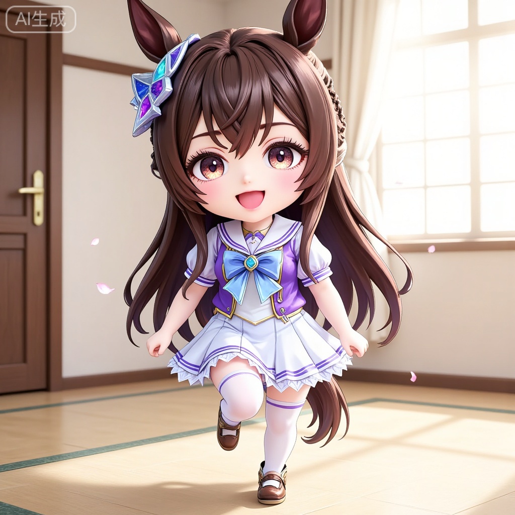 1girl, solo, long hair, blush, smile, open mouth, bangs, skirt, brown hair, shirt, thighhighs, bow, animal ears, hair between eyes, brown eyes, very long hair, school uniform, standing, tail, full body, braid, short sleeves, :d, multicolored hair, pleated skirt, frills, shoes, serafuku, socks, puffy sleeves, indoors, miniskirt, bowtie, sailor collar, chibi, white thighhighs, puffy short sleeves, v-shaped eyebrows, kneehighs, :3, brown footwear, standing on one leg, white skirt, horse ears, frilled skirt, blue shirt, white socks, horse girl, horse tail, half updo, purple shirt, sailor shirt, tracen school uniform, summer uniform, ear ornament, horseshoe ornament, satono diamond \(umamusume\)