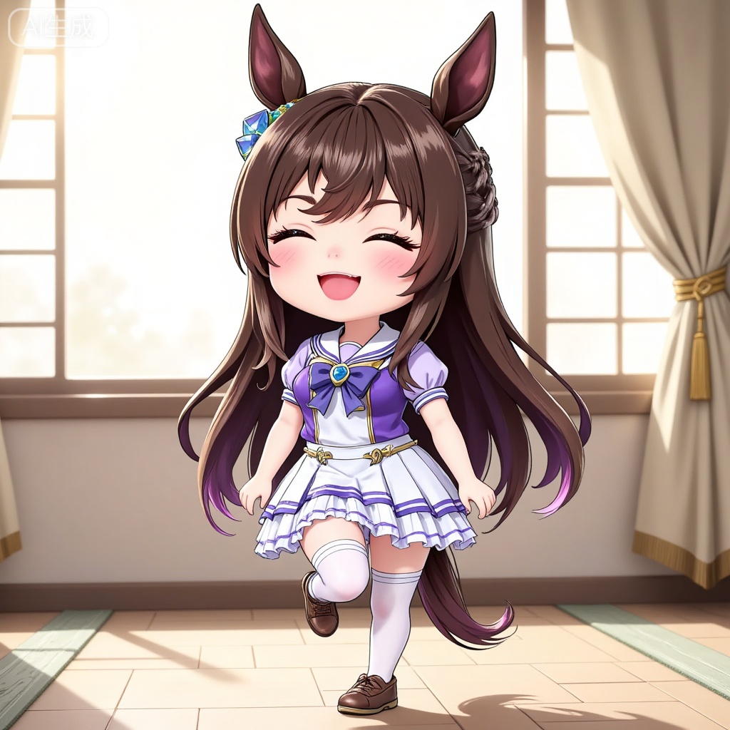 1girl, solo, long hair, blush, smile, open mouth, bangs, skirt, brown hair, shirt, thighhighs, bow, animal ears, hair between eyes, brown eyes, very long hair, school uniform, standing, tail, full body, braid, short sleeves, :d, multicolored hair, pleated skirt, frills, shoes, serafuku, socks, puffy sleeves, indoors, miniskirt, bowtie, sailor collar, chibi, white thighhighs, puffy short sleeves, v-shaped eyebrows, kneehighs, :3, brown footwear, standing on one leg, white skirt, horse ears, frilled skirt, blue shirt, white socks, horse girl, horse tail, half updo, purple shirt, sailor shirt, tracen school uniform, summer uniform, ear ornament, horseshoe ornament, satono diamond \(umamusume\)