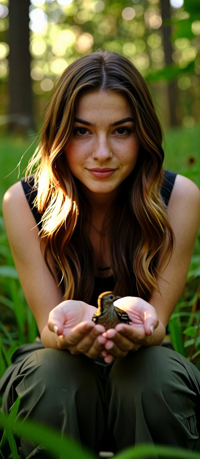Close-up of a young woman sitting in a forest facing the camera,  gently holding a small bird in her hands,  surrounded by...