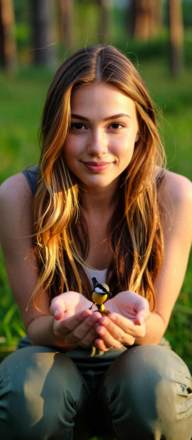 Close-up of a young woman sitting in a forest facing the camera,  gently holding a small bird in her hands,  surrounded by...