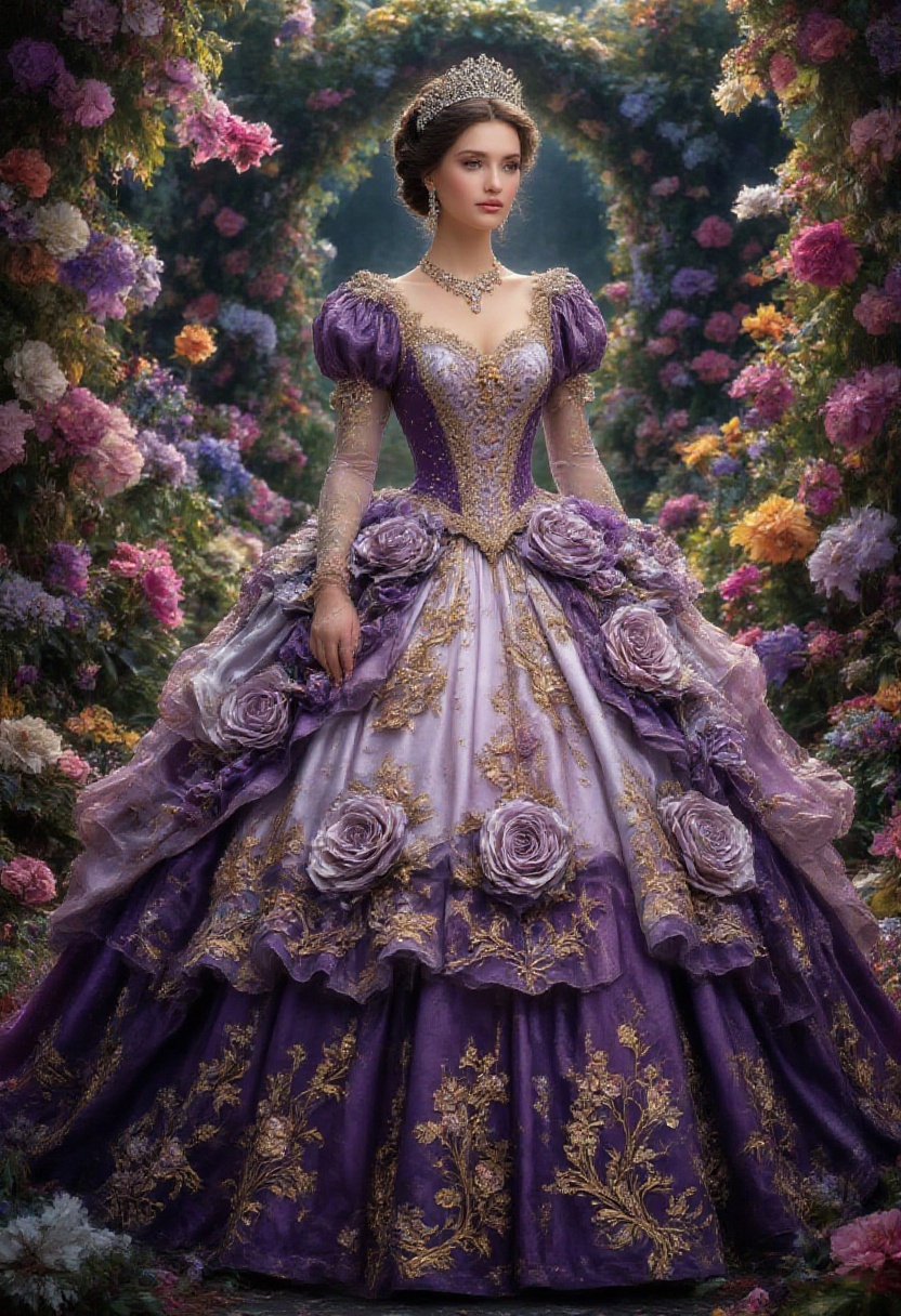 QueenOfBallgowns depicts a woman standing in a lush garden filled with vibrant flowers. She is dressed in an elaborate gow...