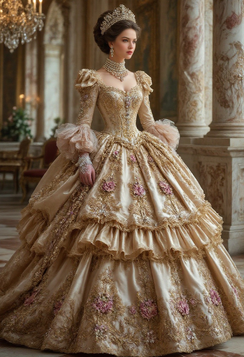 QueenOfBallgowns,  a regal queen wearing an opulent royal ballgown,  corseted bodice with intricate gold embroidery on Ten...