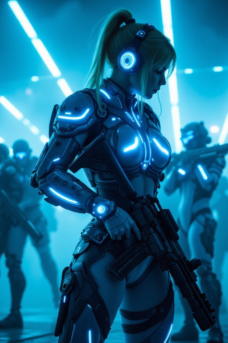 Create a scene set in the foggy,  futuristic world of Nova Terra where a blonde-haired,  ponytailed character wearing skin...