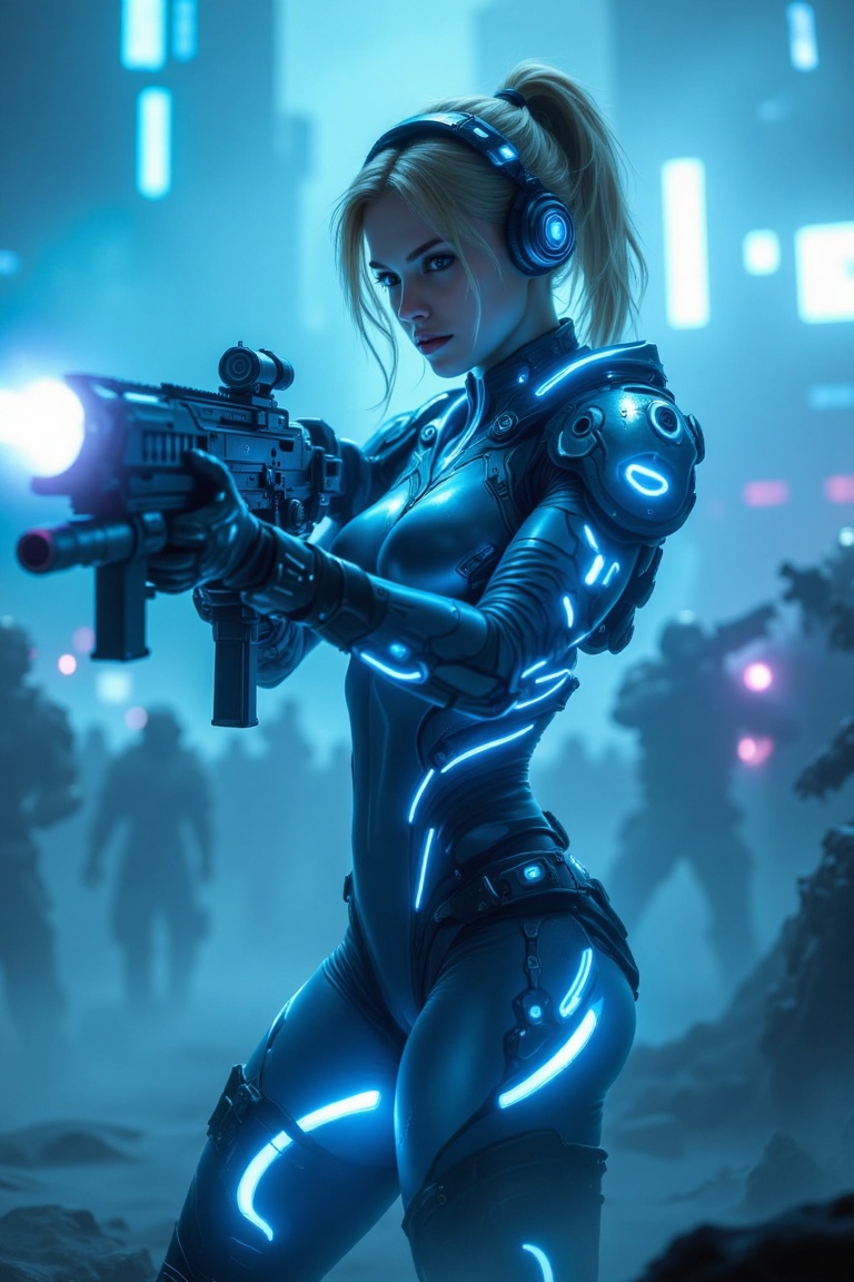 Create a scene set in the foggy,  futuristic world of Nova Terra where a blonde-haired,  ponytailed character wearing skin...