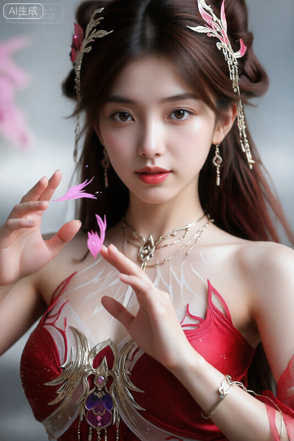 一位人物身着带有金色花纹与粉色宝石装饰的浅色系服饰,长发呈现出红粉渐变的色彩,发间点缀着羽毛与宝石结合的发饰,佩戴着粉色的耳坠。她的双手做出施展魔法的姿态,周围环绕着粉色的光芒、发光的羽毛与星形元素,背景是充满奇幻感的粉色光晕,整体画面营造出神秘且充满魔法气息的氛围洁白如雪的干净无暇皮肤,佩戴银色金属质感的繁复华丽苗族银饰,身着金红流体服饰,周围有无数透明水质感螺旋线条,背后是干净简洁的纯色背景。超现实人像绘画,特写,低角度强镜头畸变,镜头炫光,赛博风、未来感、意识流、科幻风格。

朦胧、圣洁、神圣、丧、压抑、压迫感氛围,银色金属质感、低饱和、梦幻感、玻璃质感、瓷制感、高级、朦胧美、磨砂肌理、笔触感、肌理感写实、野兽派、弥散渐变、扭曲感、自然动态、充满张力的构图,注重人物能力的特效和粒子效果,透视感强烈,灰色红色配色,真实电影概念图,4K,高清晰,嘴唇油光水润,皮肤高光,画面发光,超高清高品质高质量佳作,画面清晰,先进光线捕捉技术,专业后期处理优化,超越游戏引擎的渲染精度,真实细腻的皮肤质感,大师级影视级图像标准,超写实,真实渲染,真实光影。

高光反光白皙皮肤,明亮感,妖艳,魅惑,冷色系,活体感,HDR,立体感,3D渲染,虚拟引擎超清渲染,消除一切影响清晰度的不良因素,最佳光影效果,妖媚凤眼含光流动,根根分明的纤长睫毛,高饱和水光唇釉,30000k超清肌肤粒子纹理细腻/真实肤质透光泽感,3D,超清细节：肌肤毛孔、肌肤绒毛、唇纹清晰可见,眼波流转。用最先进的技术降噪消锯齿抗模糊将作品做到极致超清。

浓妆艳抹烈焰红唇,肤白貌美,黑发飘逸凌乱,嘴角微扬,精致妆容,大眼,眼线,睫毛,黑色宝石耳环,咖项链,咖宝石手链,888k超高清分辨率,冷色调暗光背景,眼部高细节,超高清肌肤雪白瓷白光超高细节,极致超高清的夸张手法设计美,胸前超高清细节勾勒描绘。.,  ,火灵儿