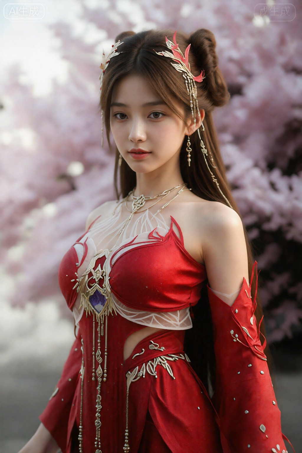 一女性,,火灵儿,棕色头发,发饰,红色裙子